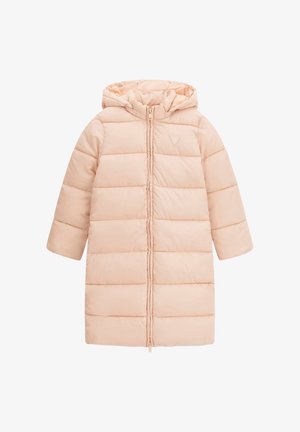 Pehmendatud mantel pehme pastellroosas toonis, millel on kapuuts, pikad varrukad, eesne lukuga sulgemine ja õmmeldud paneelikujundus.
