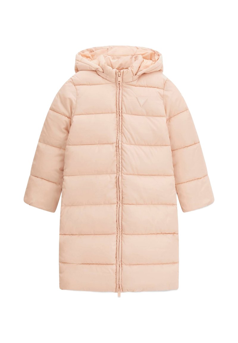 Cappotto imbottito in morbido rosa pastello, dotato di cappuccio, maniche lunghe, chiusura anteriore con zip e design a pannelli cuciti.
