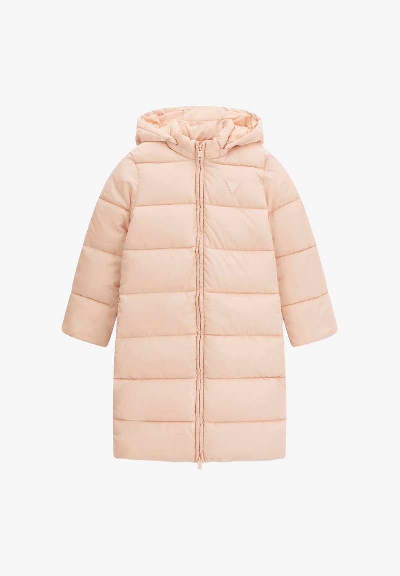 Cappotto imbottito in morbido rosa pastello, dotato di cappuccio, maniche lunghe, chiusura anteriore con zip e design a pannelli cuciti.
