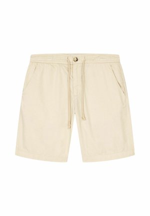 Pantalones cortos casuales beige con botón frontal, cinturilla con cordón, bolsillos laterales y dobladillo recto.