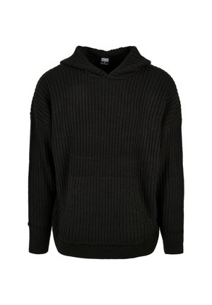 Sweat à capuche noir en maille côtelée avec manches longues et poche kangourou à l'avant, présenté sur fond blanc.