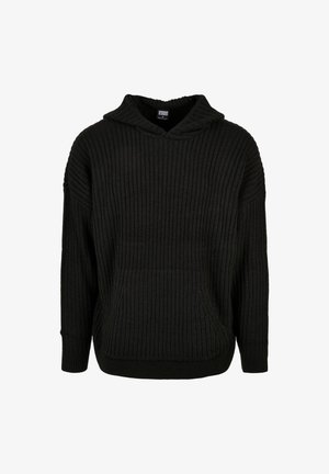 Zwarte ribgebreide trui met capuchon, lange mouwen en voorzak, getoond op een witte achtergrond.