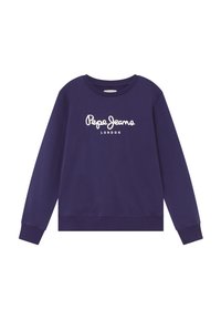 Námořnická modrá mikina vyrobená z měkké bavlny. Má žebrované manžety a lem, s bílým potiskem loga "Pepe Jeans London" na přední straně.