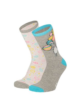 Pair of mid-calf socks, one gray with blue trim and bunny holding Easter eggs, the other white with multicolored Easter egg pattern and gray toes.