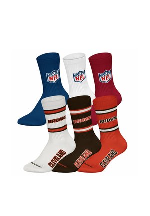 Sechs NFL-Themen-Crew-Socken, drei mit NFL-Logo in Blau, Weiß und Rot, und drei mit "Browns" und "Cleveland" in Weiß, Braun und Orange.