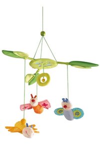 Soft fabric mobile with green leaves and three hanging plush insects: a yellow-striped snail, a pink-and-orange bug, and a blue butterfly.