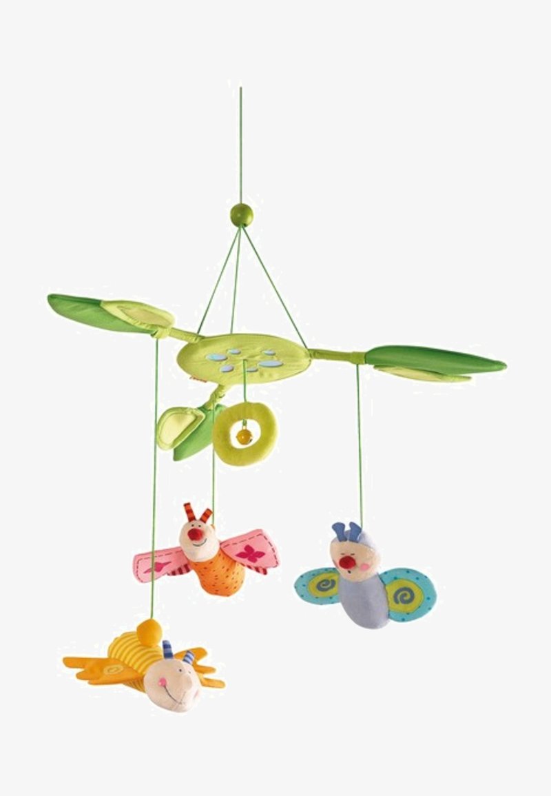 Soft fabric mobile with green leaves and three hanging plush insects: a yellow-striped snail, a pink-and-orange bug, and a blue butterfly.