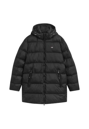 Cappotto puffer nero con cappuccio, dotato di chiusura zip, due tasche laterali, design trapuntato e coulisse regolabili nel colletto.
