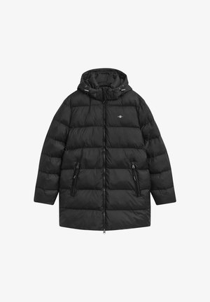 Schwarze Pufferjacke mit Kapuze, ausgestattet mit einem Reißverschluss, zwei Seitentaschen, gestepptem Design und verstellbaren Kordeln am Kragen.