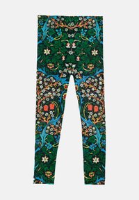 Sötét virágmintás leggings zöld, kék, narancs és fehér akcentusokkal. Az anyag rugalmasnak és testre simulónak tűnik, elasztikus derékkal.