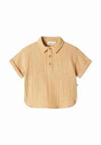 Lühikeste varrukatega beež krae järgi särk, millel on tekstuuriga kangas. Omab kolme pruuni nupuga ja ümarat alumist äärt. Sildiga küljes.