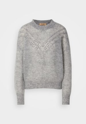 Light gray knitted sweater with a round neck, featuring a textured pattern and small, decorative holes in a chevron design.