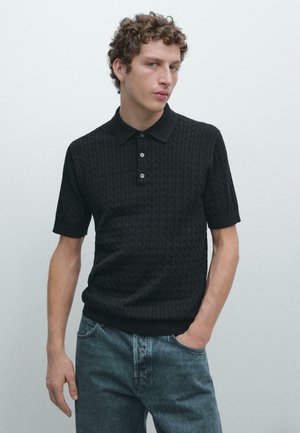 CABLE-KNIT POLO NECK - Polo - mottled dark blue