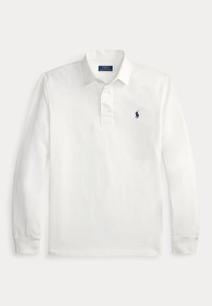 Chemise blanche manches longues Polo Ralph Lauren avec col et logo brodé bleu marine sur la poitrine gauche.