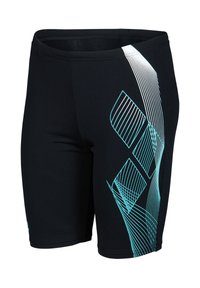 Zwarte zwemshorts met een turquoise en witte geometrische patroon aan de zijkant, gemaakt van rekbaar materiaal voor comfort en bewegingsvrijheid.