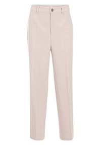 Pantaloni da uomo beige chiaro realizzati in tessuto morbido, con una vestibilità sartoriale, gamba dritta, vita con passanti per cintura e chiusura frontale con bottone.