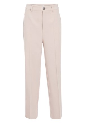 Pantalones de vestir color beige claro hechos de un tejido suave, con un corte entallado, piernas rectas, una cinturilla con pasadores para cinturón y un cierre frontal con botón.