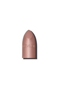 Rouge à lèvres Revlon, couleur beige rose, texture lisse, pointe effilée, nom de la marque en relief, ombre portée sur fond blanc.
