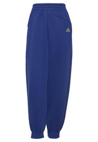 Blauwe sweatpants van een katoenmix, met een elastische tailleband, geribbelde manchetten en een gouden Adidas-logo op de linkerheup.