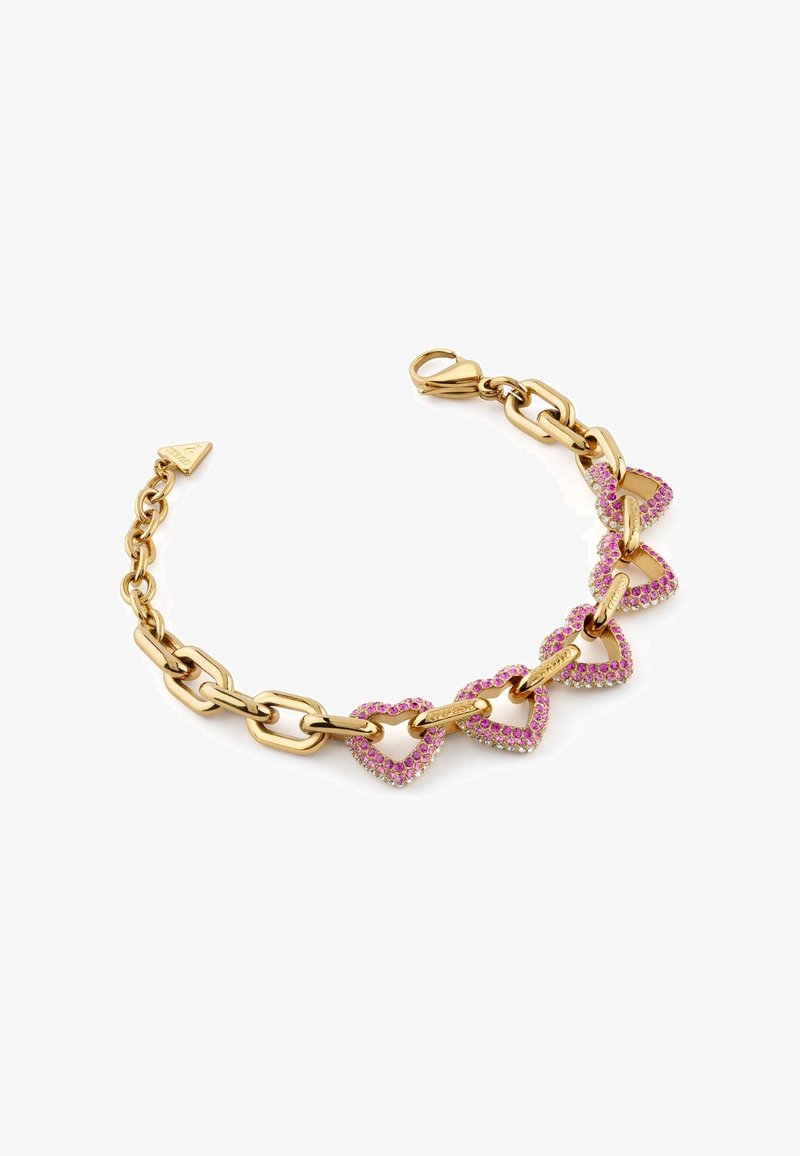 Gold chain bracelet featuring five heart-shaped links adorned with pink stones, alternating with smooth gold links, finished with a lobster clasp.
