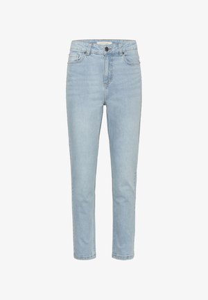 Jeans bleu clair taille haute à jambes droites avec bouton et fermeture éclair à l'avant, passants de ceinture, et design à cinq poches.