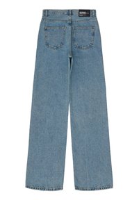 Light blue denim jeans with a wide-leg design, featuring a high waist, two back pockets, and a label on the waistband.