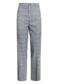 Szare spodnie w kratę mają luźny krój z prostą nogawką, z zapięciem na guzik oraz subtelnymi niebieskimi akcentami w deseniu.