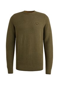 Olivovozelený sveter s textúrovaným horizontálnym prúžkovaným vzorom. Má okrúhly výstrih a malé vyšívané logo na hrudi.