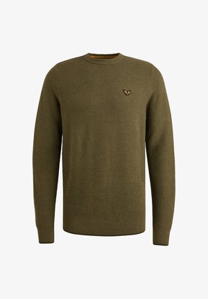 Oliwkowy sweter z teksturowanym, poziomym paskowym wzorem. Posiada okrągły dekolt i małe haftowane logo na piersi.