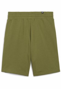 Olivengrønne atletikshorts med elastisk talje, glat tekstur og syet kant. Har et lille mærkelogo ved taljen.