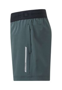Shorts de sport vert foncé avec ceinture élastique noire et bande réfléchissante verticale étiquetée "Swedemount" sur le côté.