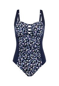 Tankini, mille ja mitmevärviliste täppidega, millel on reguleeritavad rihmad, gathered büstikujundus ja külgmine ruffles lisaks tekstuurile.