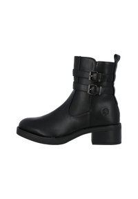 Schwarze Knöchelstiefel aus Leder mit zwei verstellbaren Metall-schnallen, runder Zehenform, mittelhohem Blockabsatz und seitlichen Steppdetails.