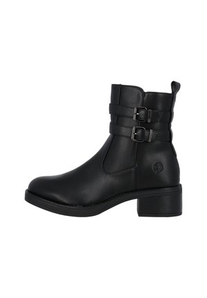 Bottes noires jusqu'à la cheville en cuir avec deux boucles métalliques ajustables, un bout rond, un talon bloc de hauteur moyenne et des détails de couture sur les côtés.