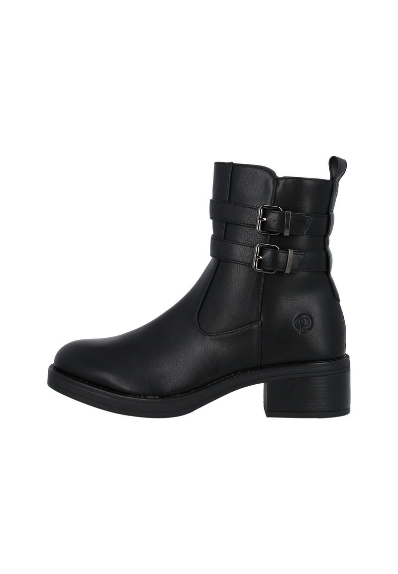 Schwarze Knöchelstiefel aus Leder mit zwei verstellbaren Metall-schnallen, runder Zehenform, mittelhohem Blockabsatz und seitlichen Steppdetails.