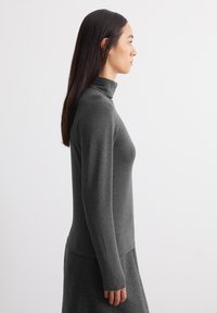 Grauer Rollkragenpullover aus weichem Stoff, mit langen Ärmeln und einer figurbetonten Silhouette, seitlich gegen einen hellen Hintergrund abgebildet.