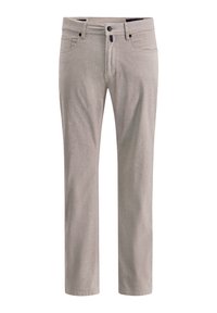 Beige Chinos aus strukturiertem Baumwollmischgewebe. Verfügen über einen Reißverschluss, zwei Vordertaschen und ein schlankes Design.