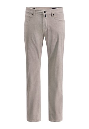 Beige Chinos aus strukturiertem Baumwollmischgewebe. Verfügen über einen Reißverschluss, zwei Vordertaschen und ein schlankes Design.