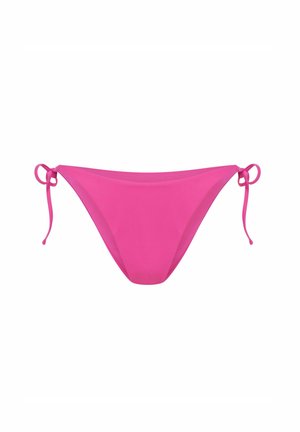 Pink bikini bottoms with tied side accents, smooth fabric, low-rise design, and minimal coverage. No patterns or hardware visible.