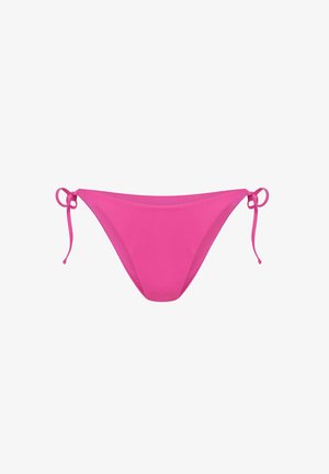 Pink bikini bottoms with tied side accents, smooth fabric, low-rise design, and minimal coverage. No patterns or hardware visible.