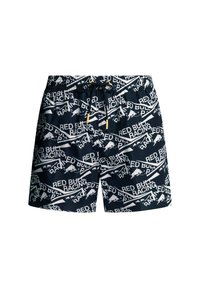 Bañador Navy con un logo repetido en blanco de "Red Bull Racing" y un gráfico de un toro, que cuenta con una cintura ajustable y un tejido ligero.