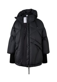 Sort dynejakke med hætte, der har lynlås, elastiske manchetter og et quiltet mønster. Blødt, skinnende materiale med en afslappet pasform.