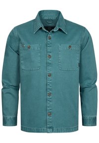 Camicia teal con bottoni realizzata in tessuto strutturato, dotata di due tasche sul petto, bottoni marroni e colletto.