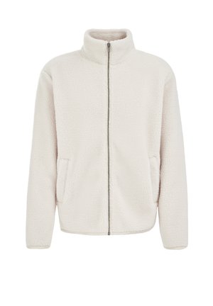 Crème fleece jack met een hoge kraag, volle rits aan de voorkant en zijzakken. Textuur buitenkant en een relaxte pasvorm.