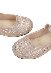 Ballerines roses claires pour filles décorées de nombreux petits strass brillants et d'une bride sur le dessus.