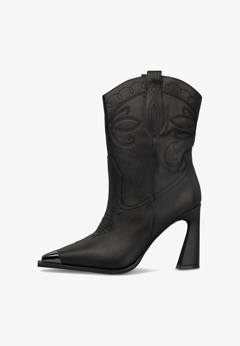 Botines de tacón alto de cuero negro con puntera puntiaguda, costuras decorativas y un tacón cuadrado alto. Presentan un diseño elevado en el cañón.