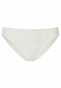 Weiße Unterwäsche mit einem floralen Spitzeneinsatz, glattem Stoff und klassischem Bikini-Schnitt. Sanfte Textur mit aufwendigen Stickdetails.