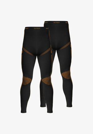 Black leggings with orange accents, made of stretchy material. Features mesh panels, striped knee sections, and a waistband logo.