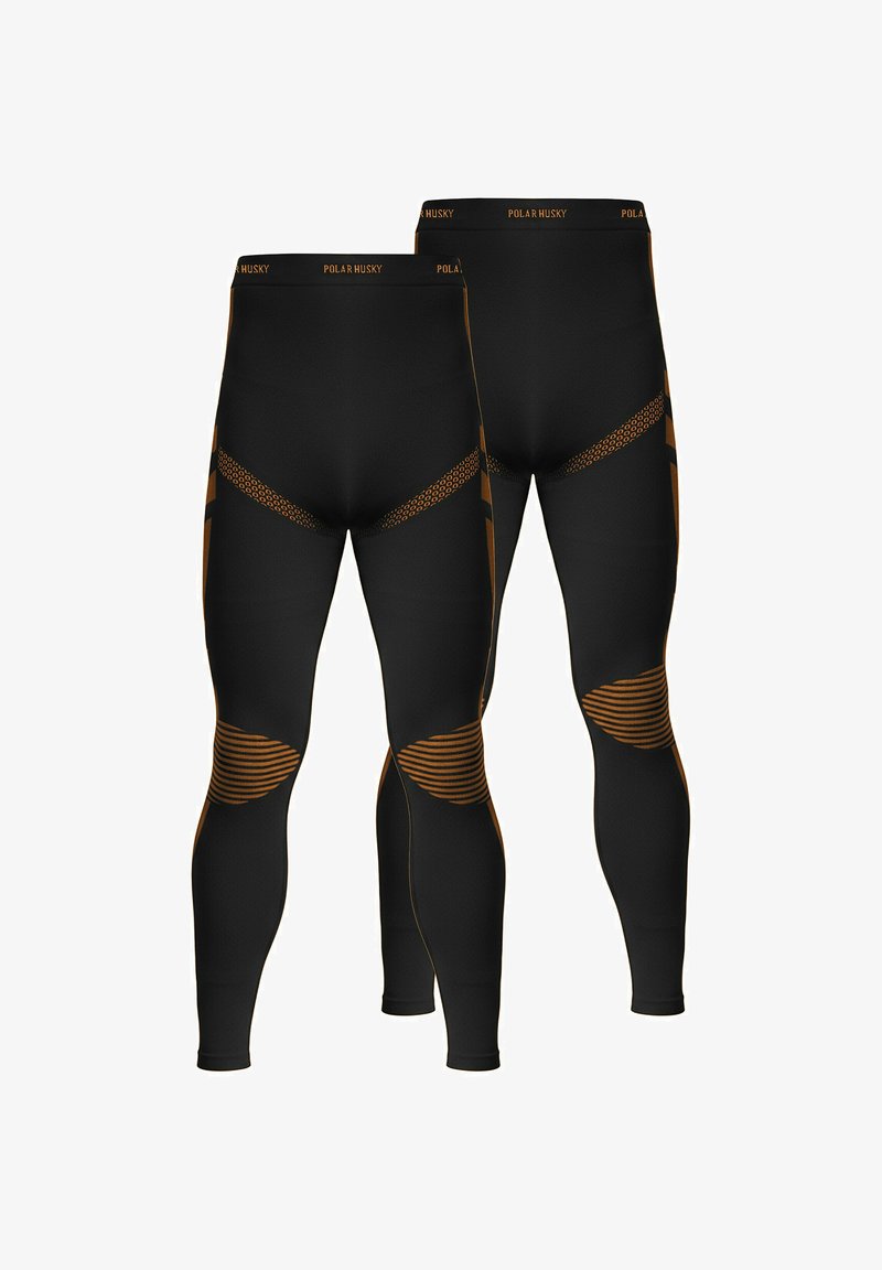 Black leggings with orange accents, made of stretchy material. Features mesh panels, striped knee sections, and a waistband logo.