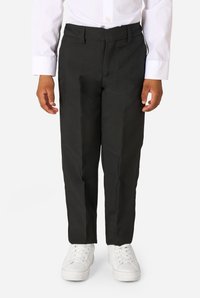 Black trousers with a straight cut, made of smooth fabric. Paired with a white shirt and white sneakers. No visible patterns or accents.